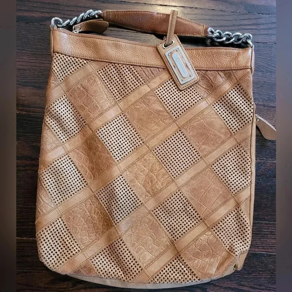 B. MARKOWSKY XL BOHO leather pebbled perforated Patchwork shoulder bag purse TAN